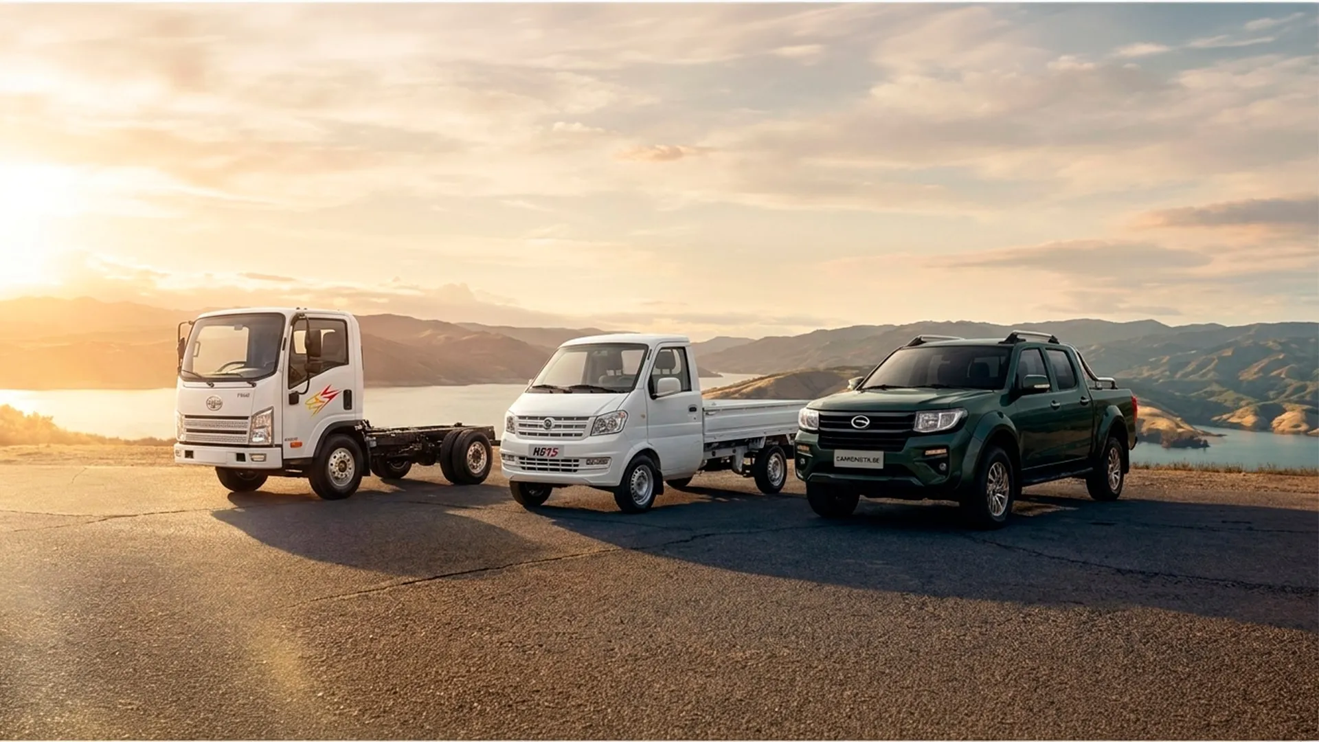 Camión FAW, mini truck DFSK y pick-up GAC juntos sobre una meseta, con montañas y un lago al atardecer